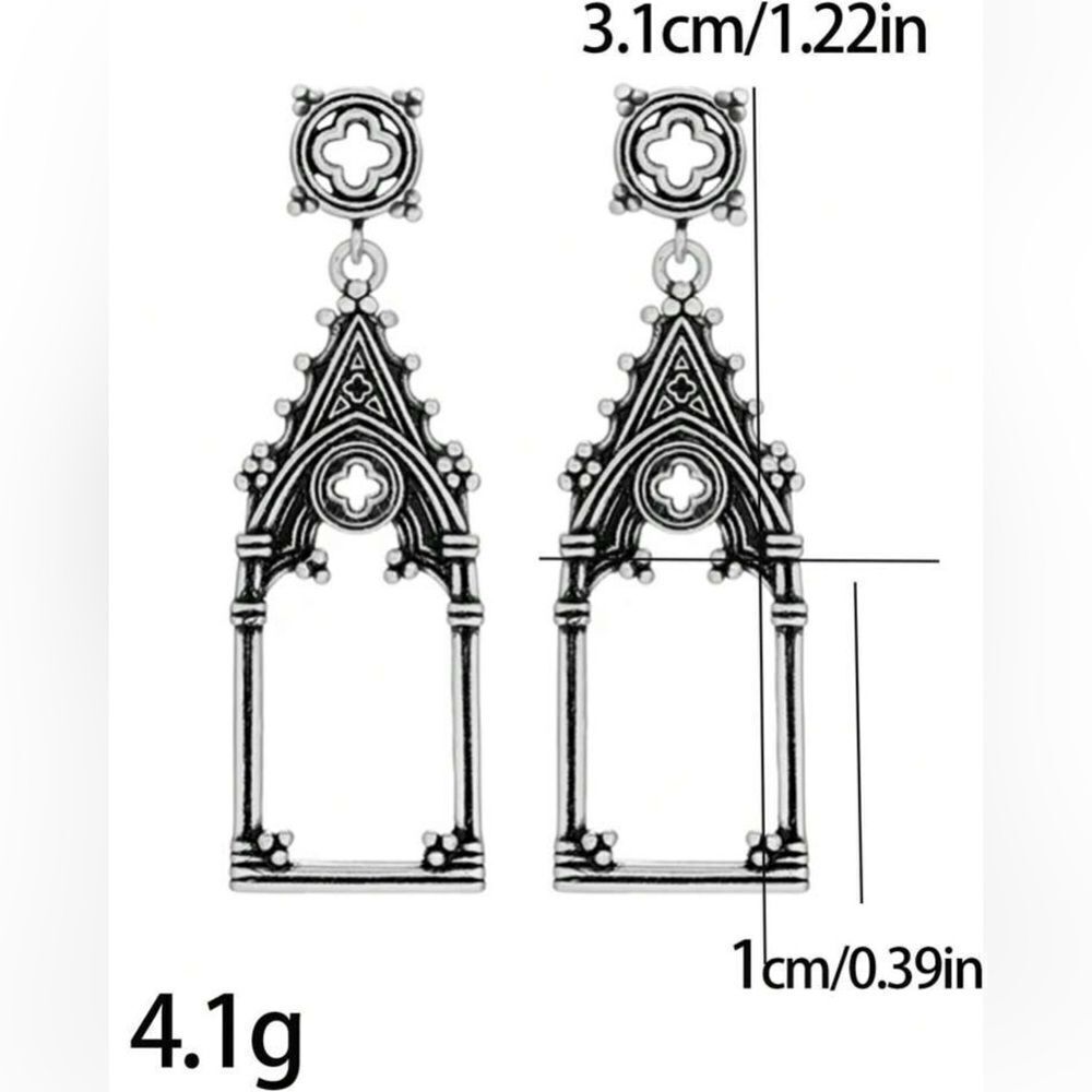 Gothic Church Steeple Earrings Antique Silver Tone, Engraved details, Elegant - Picture 5 of 5